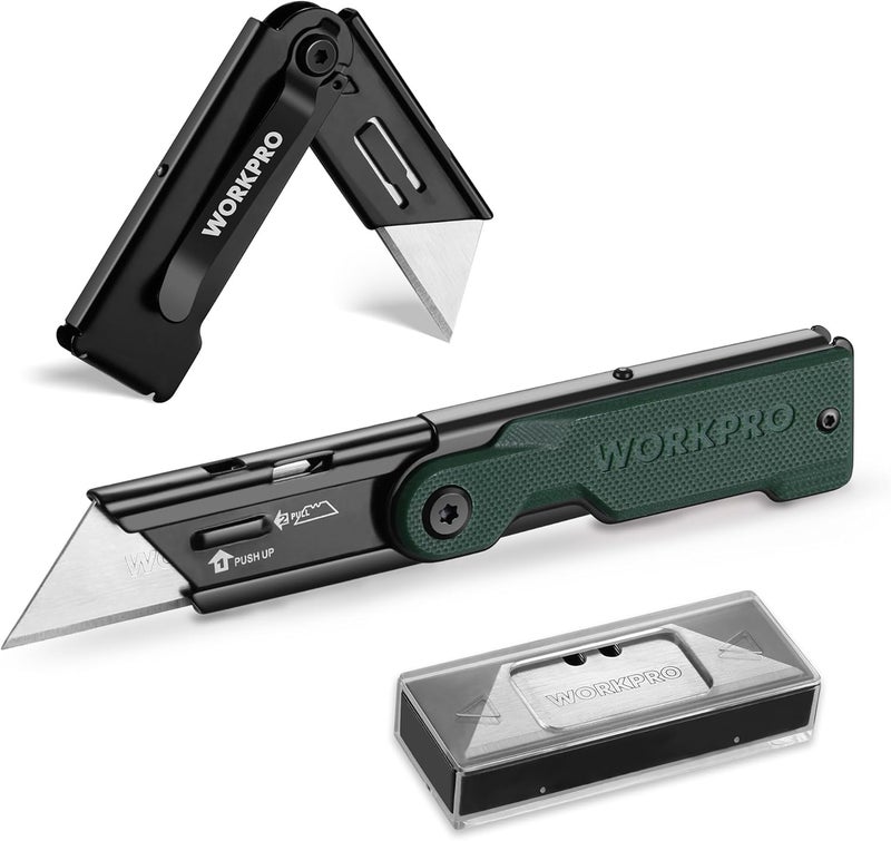 WORKPRO Folding Utility Knife with 10 Extra SK5 Blades, EDC Razor Sharp Knife with G10 Handle, Quick Change Box Cutter with Belt Clip, for Heavy Duty, DIY, Home, Office & Artcraft Use - Green - Image 1